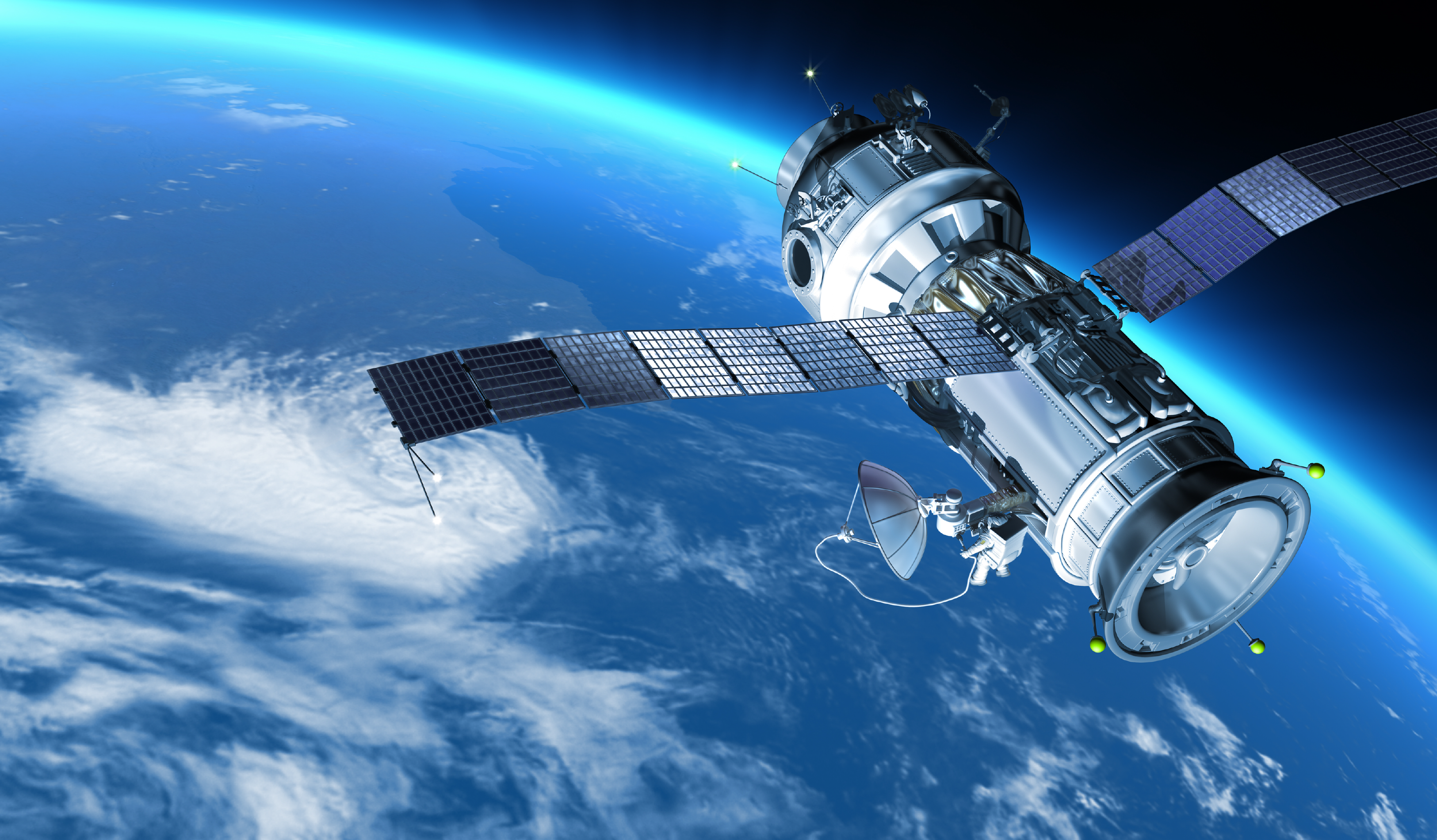 Satellite dish in space with a blue sky in the background and Earth below